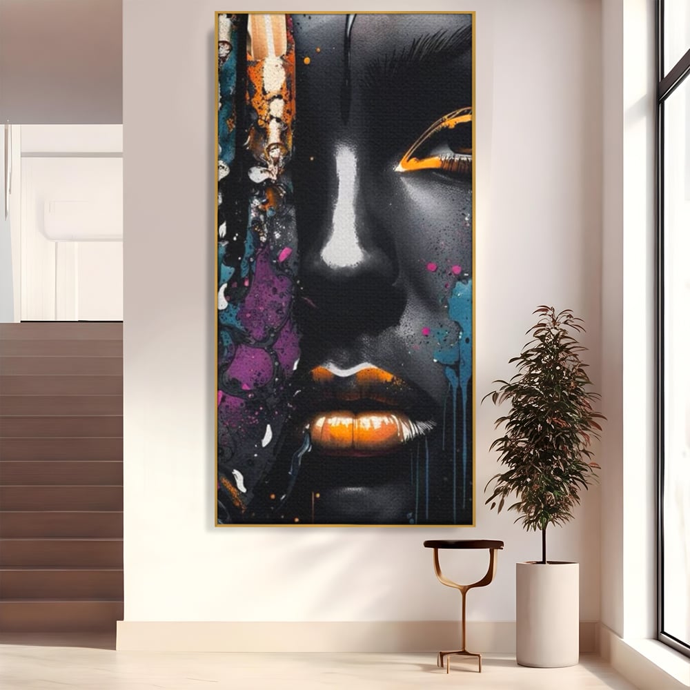 Tablou canvas cu tablou canvas cu portret street art, in rama de aluminiu auriu
